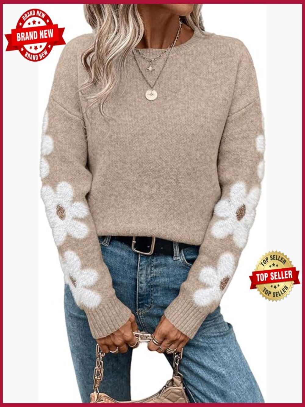 Women's Floral Crewneck Long Sleeve Drop Shoulder Sweater Pullover Top